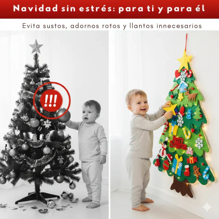 MiPrimerÁrbol™ - Arbol de Navidad de Fieltro con 25 Adornos Adhesivos + Luces Led