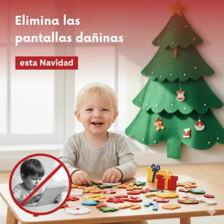 MiPrimerÁrbol™ - Arbol de Navidad de Fieltro con 25 Adornos Adhesivos + Luces Led