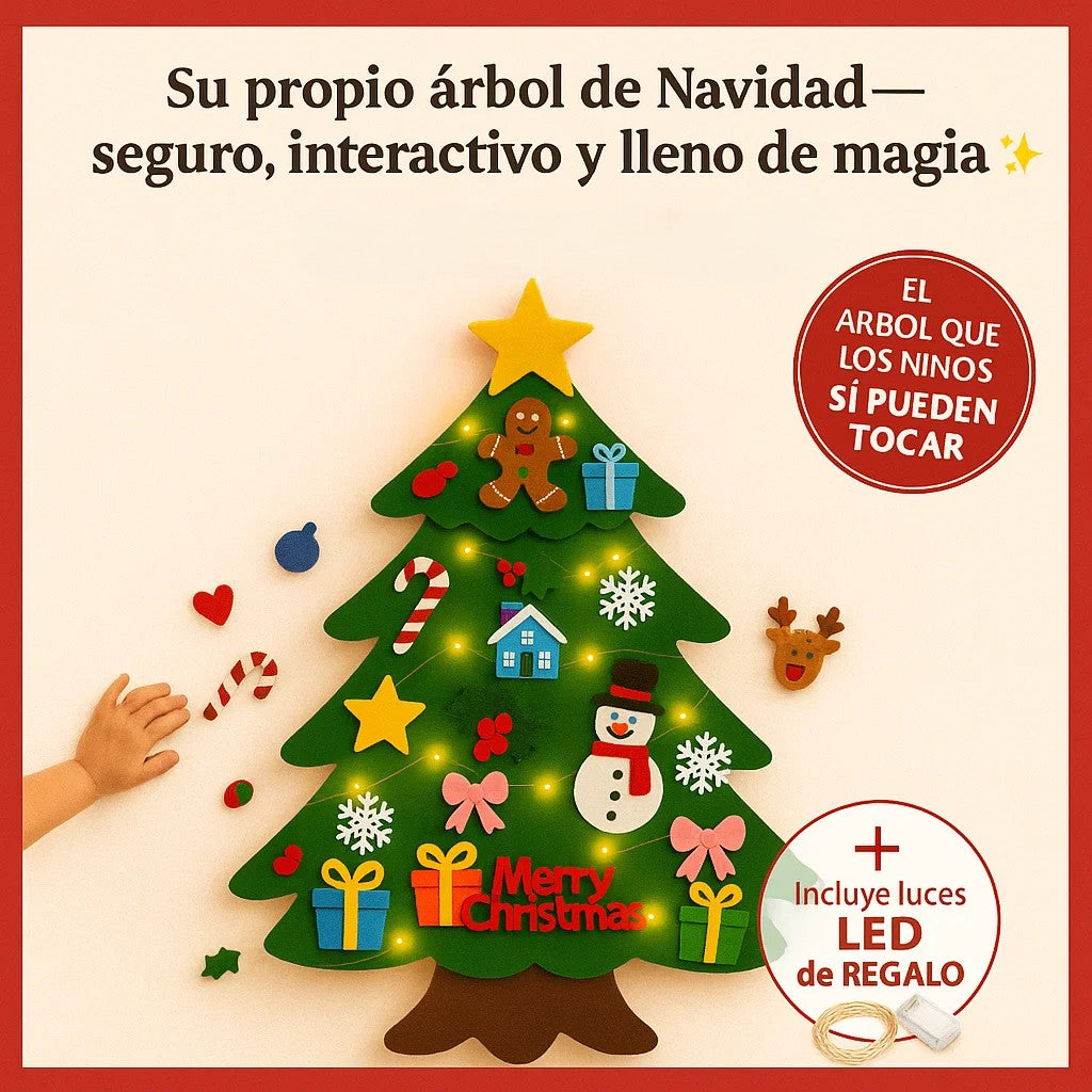 MiPrimerÁrbol™ - Arbol de Navidad de Fieltro con 25 Adornos Adhesivos + Luces Led
