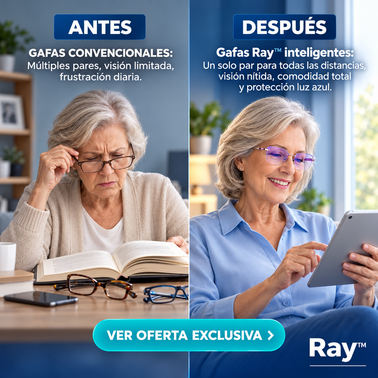 1+1 GRATIS + REGALO l Las Únicas Gafas Autograduables Inteligentes ClaryLens™ (Visión clara de cerca, intermedia y lejos en una sola gafa) l Protección Luz Azul y Rayos UV + Funda de cuero GRATIS l 30 días de prueba garantizada