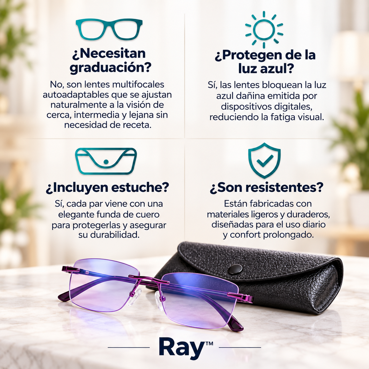 2X1 HOY + REGALO l Las Únicas Gafas Autograduables Inteligentes Ray™ (Visión clara de cerca, intermedia y lejos en una sola gafa) l Protección Luz Azul y Rayos UV + Funda de cuero GRATIS l 30 días de prueba garantizada