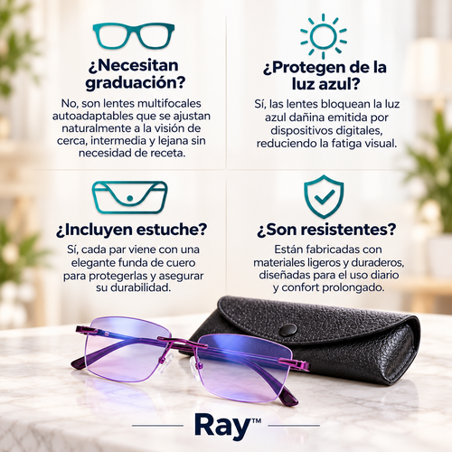 2X1 HOY + REGALO l Las Únicas Gafas Autograduables Inteligentes Ray™ (Visión clara de cerca, intermedia y lejos en una sola gafa) l Protección Luz Azul y Rayos UV + Funda de cuero GRATIS l 30 días de prueba garantizada