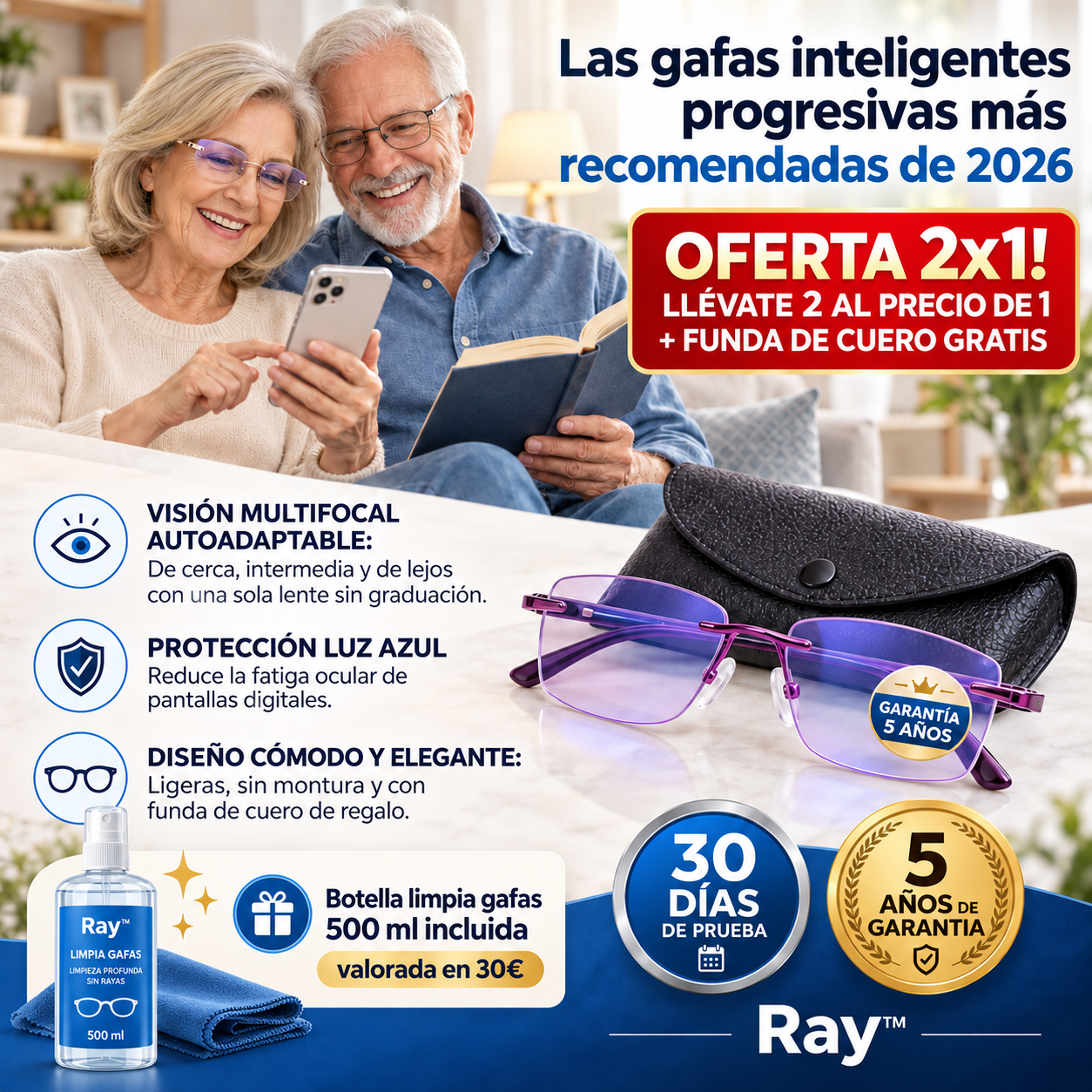 1+1 GRATIS + REGALO l Las Únicas Gafas Autograduables Inteligentes ClaryLens™ (Visión clara de cerca, intermedia y lejos en una sola gafa) l Protección Luz Azul y Rayos UV + Funda de cuero GRATIS l 30 días de prueba garantizada